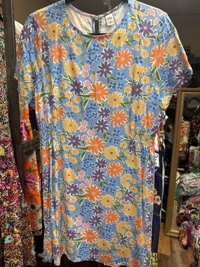 twik Light Blue Floral Midi Dress with Orange, Yellow, Purple Flowers